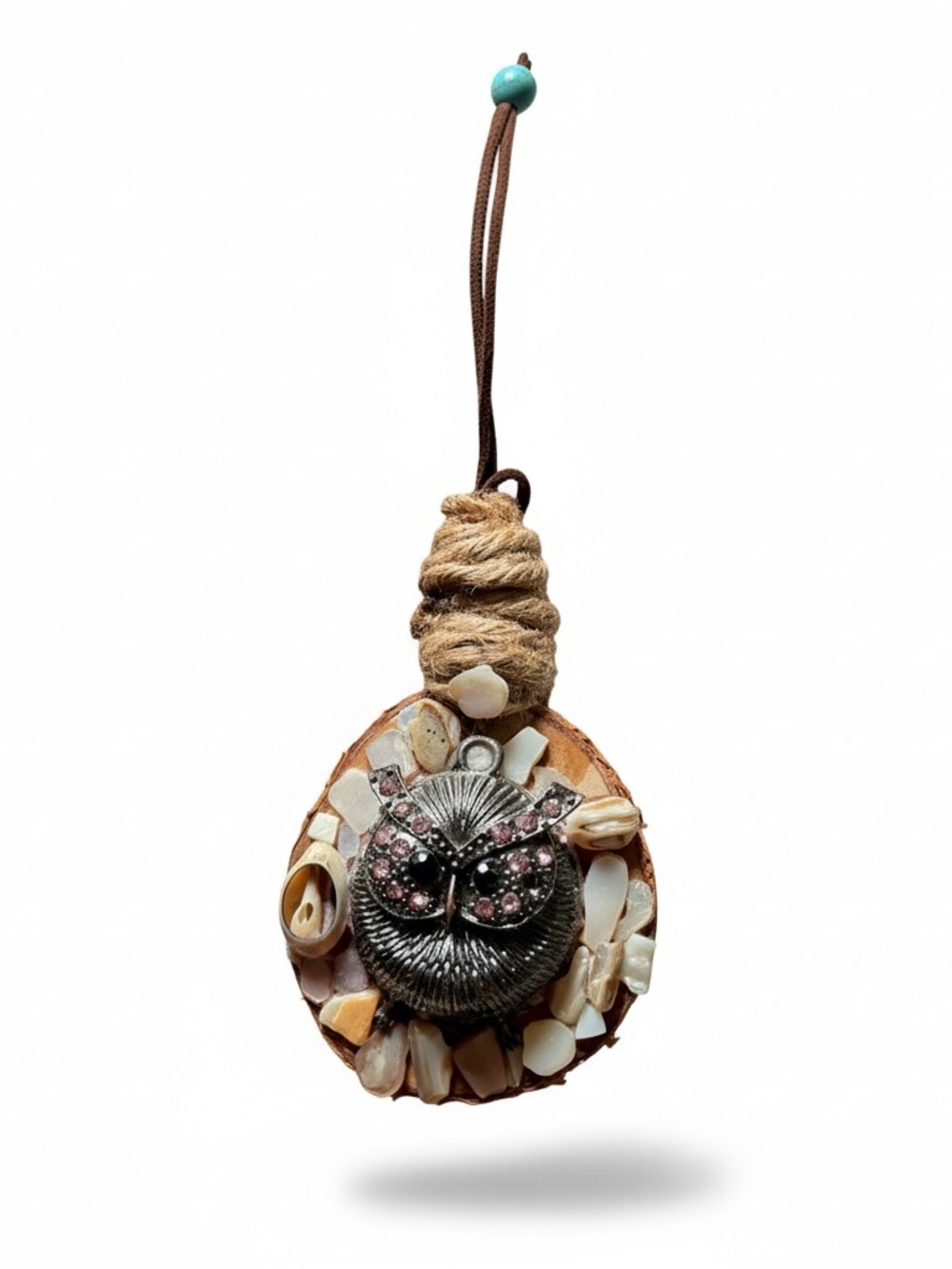 Handcrafted Owl Shell Pendant Necklace in Brown and Turquoise